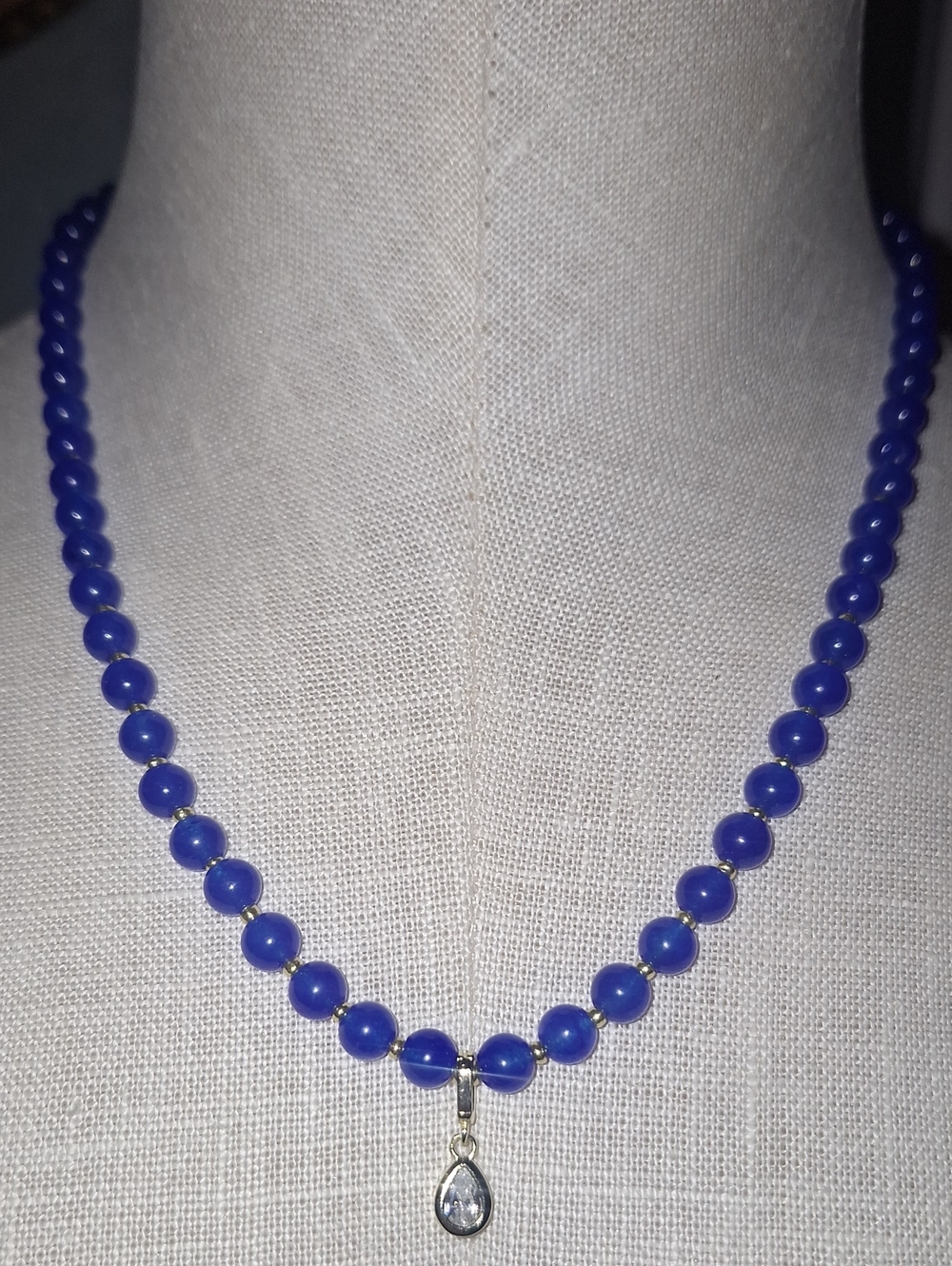 Blue Jade Gemstone Beaded Necklace with Teardrop Pendant